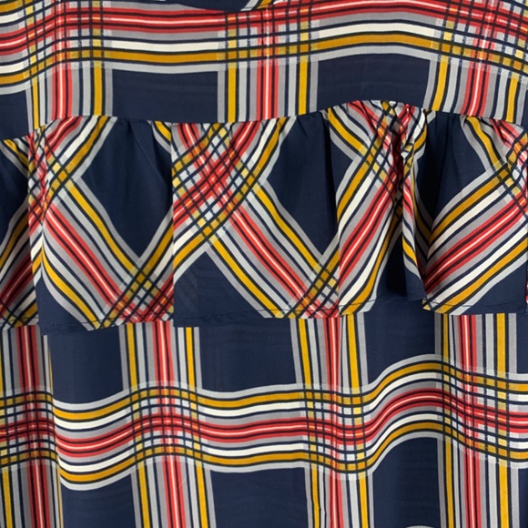 Holiday Christmas party preppy Red Blue yellow ruffled plaid lightweight blouse - Picture 3 of 9